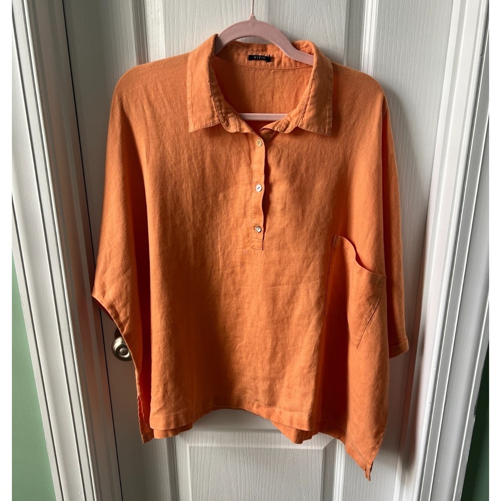 Vivid Womens Top Orange 100% Linen Boxy Short Sleeve Lagenlook Relaxed Size XL